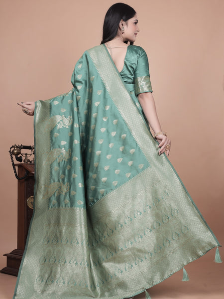  Green Silk Saree with Intricate Peacock Zari Work – Traditional Banarasi Design for Weddings & Festive Occasions