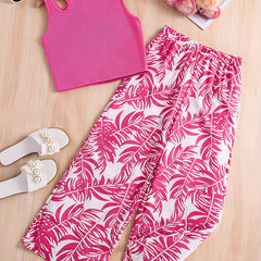 Girls Pink Ribbed Sleeveless Crop Top & Tropical Leaf Print Pants Set