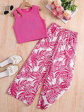 Girls Pink Ribbed Sleeveless Crop Top & Tropical Leaf Print Pants Set
