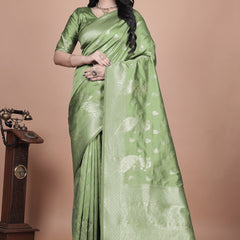 Traditional Green Banarasi Silk Saree with Floral & Peacock Design - Perfect for Weddings and Festivals