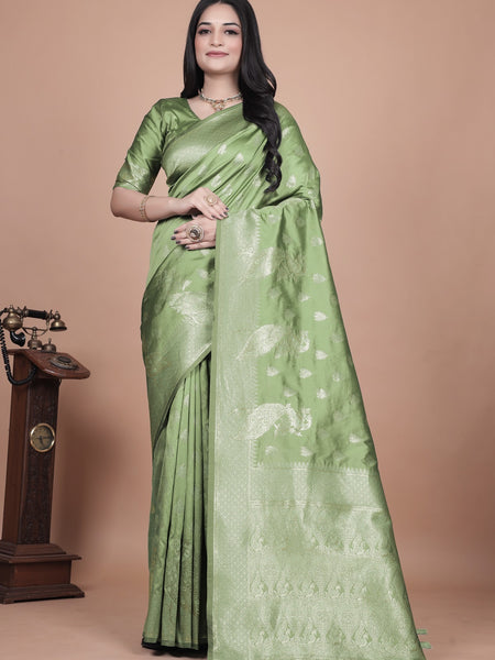 Traditional Green Banarasi Silk Saree with Floral & Peacock Design - Perfect for Weddings and Festivals
