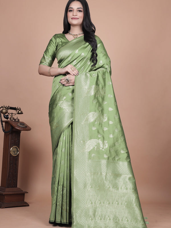 Traditional Green Banarasi Silk Saree with Floral & Peacock Design - Perfect for Weddings and Festivals