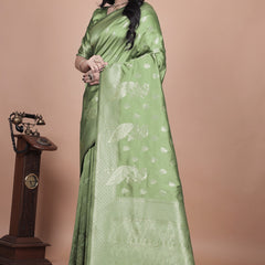 Traditional Green Banarasi Silk Saree with Floral & Peacock Design - Perfect for Weddings and Festivals
