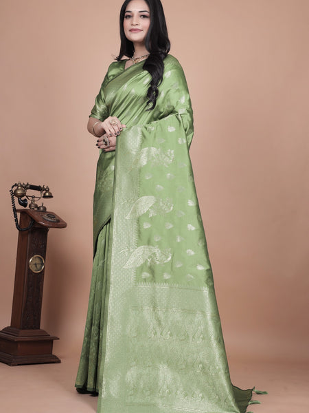 Traditional Green Banarasi Silk Saree with Floral & Peacock Design - Perfect for Weddings and Festivals