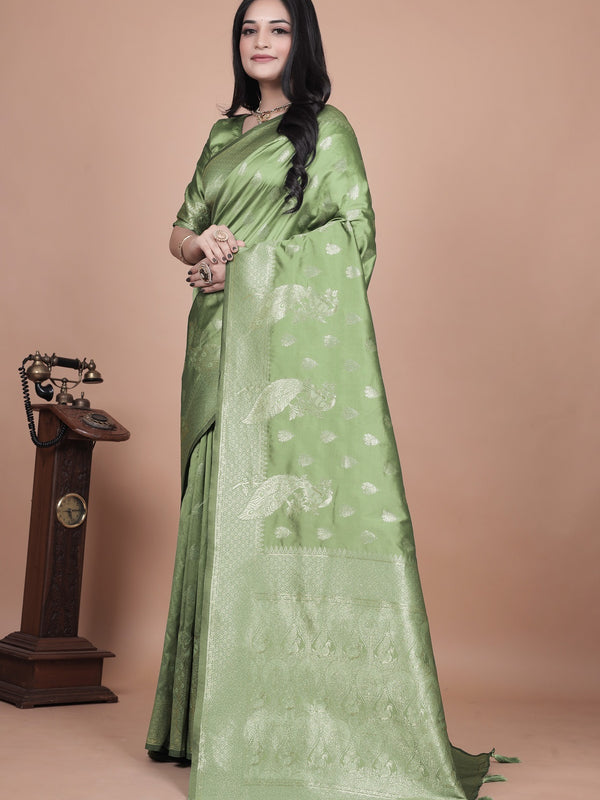 Traditional Green Banarasi Silk Saree with Floral & Peacock Design - Perfect for Weddings and Festivals