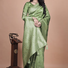Traditional Green Banarasi Silk Saree with Floral & Peacock Design - Perfect for Weddings and Festivals