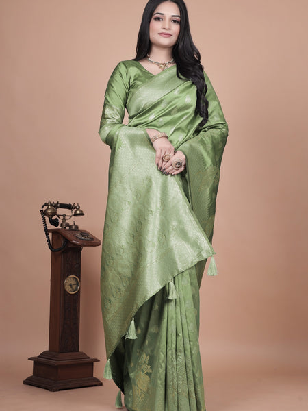 Traditional Green Banarasi Silk Saree with Floral & Peacock Design - Perfect for Weddings and Festivals