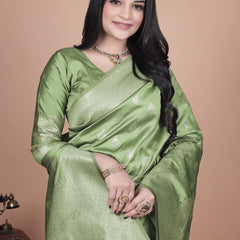 Traditional Green Banarasi Silk Saree with Floral & Peacock Design - Perfect for Weddings and Festivals