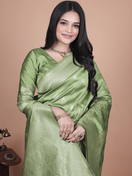 Traditional Green Banarasi Silk Saree with Floral & Peacock Design - Perfect for Weddings and Festivals
