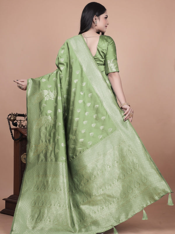 Traditional Green Banarasi Silk Saree with Floral & Peacock Design - Perfect for Weddings and Festivals