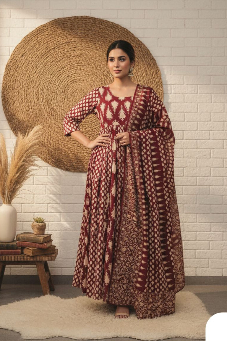 Maroon Printed Anarkali Kurta Set with Dupatta