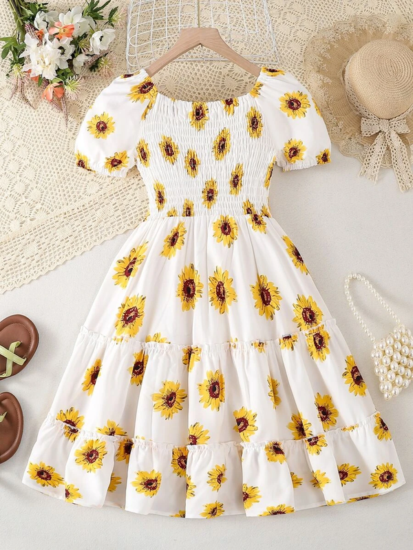 Glamgait Off-White Color Flower Printed Short Sleeve Baby Girl Dress