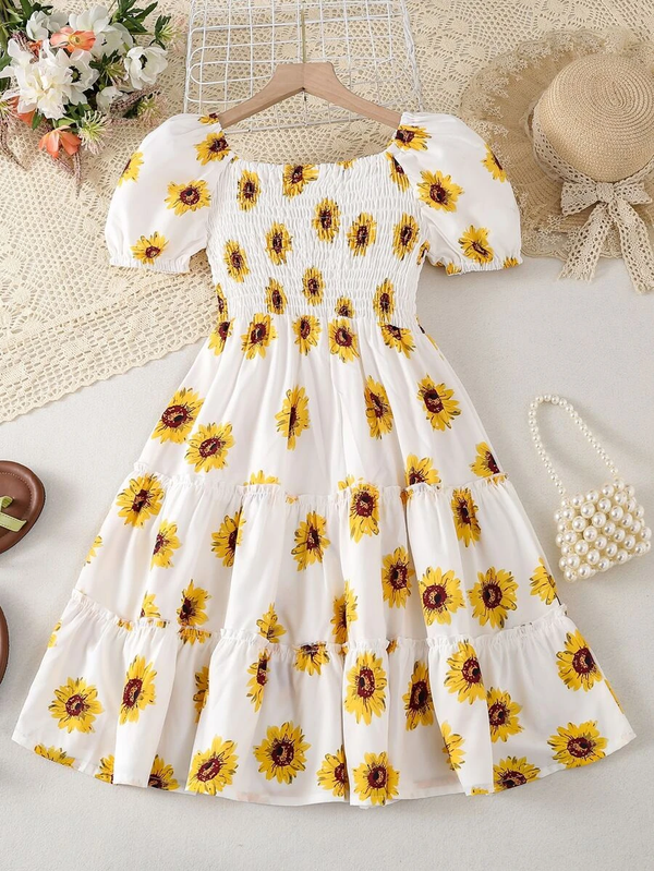 Glamgait Off-White Color Flower Printed Short Sleeve Baby Girl Dress