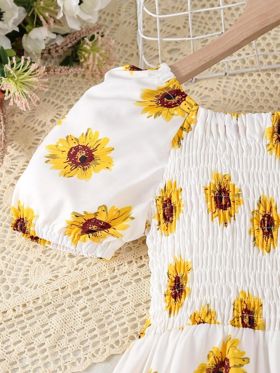 Glamgait Off-White Color Flower Printed Short Sleeve Baby Girl Dress