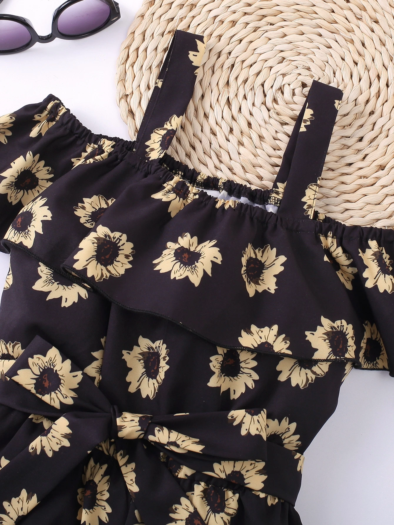 Girls’ Black Sunflower Print Off-Shoulder Romper with Bow Belt