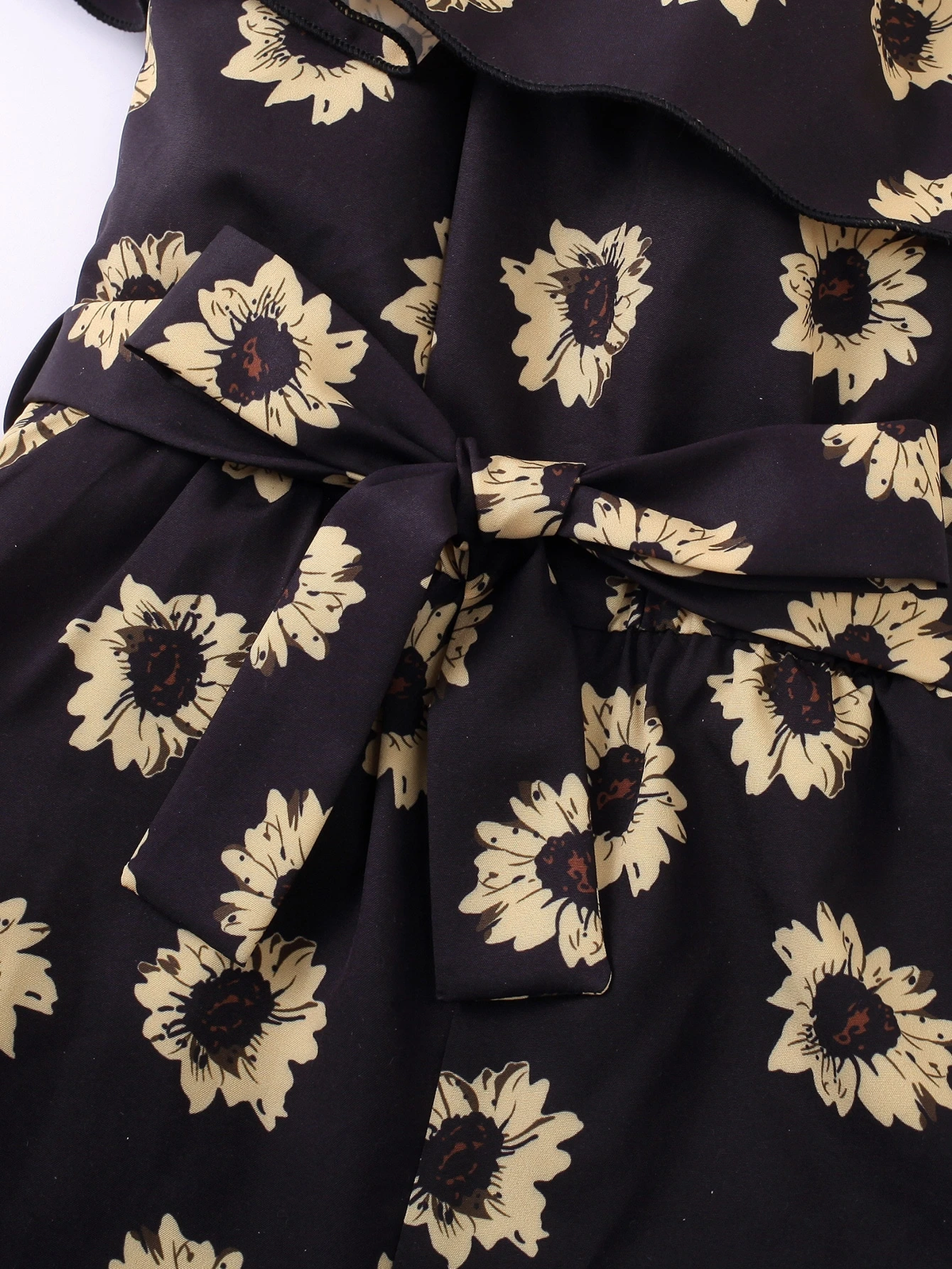Girls’ Black Sunflower Print Off-Shoulder Romper with Bow Belt