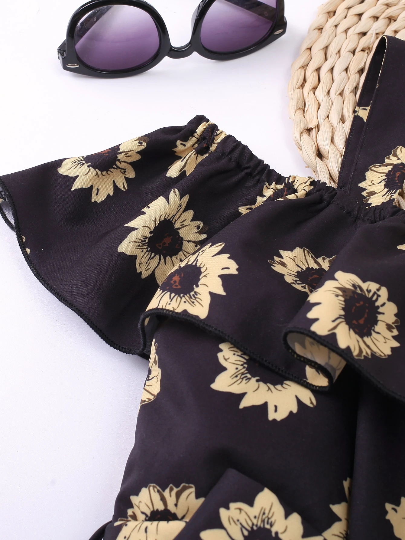 Girls’ Black Sunflower Print Off-Shoulder Romper with Bow Belt