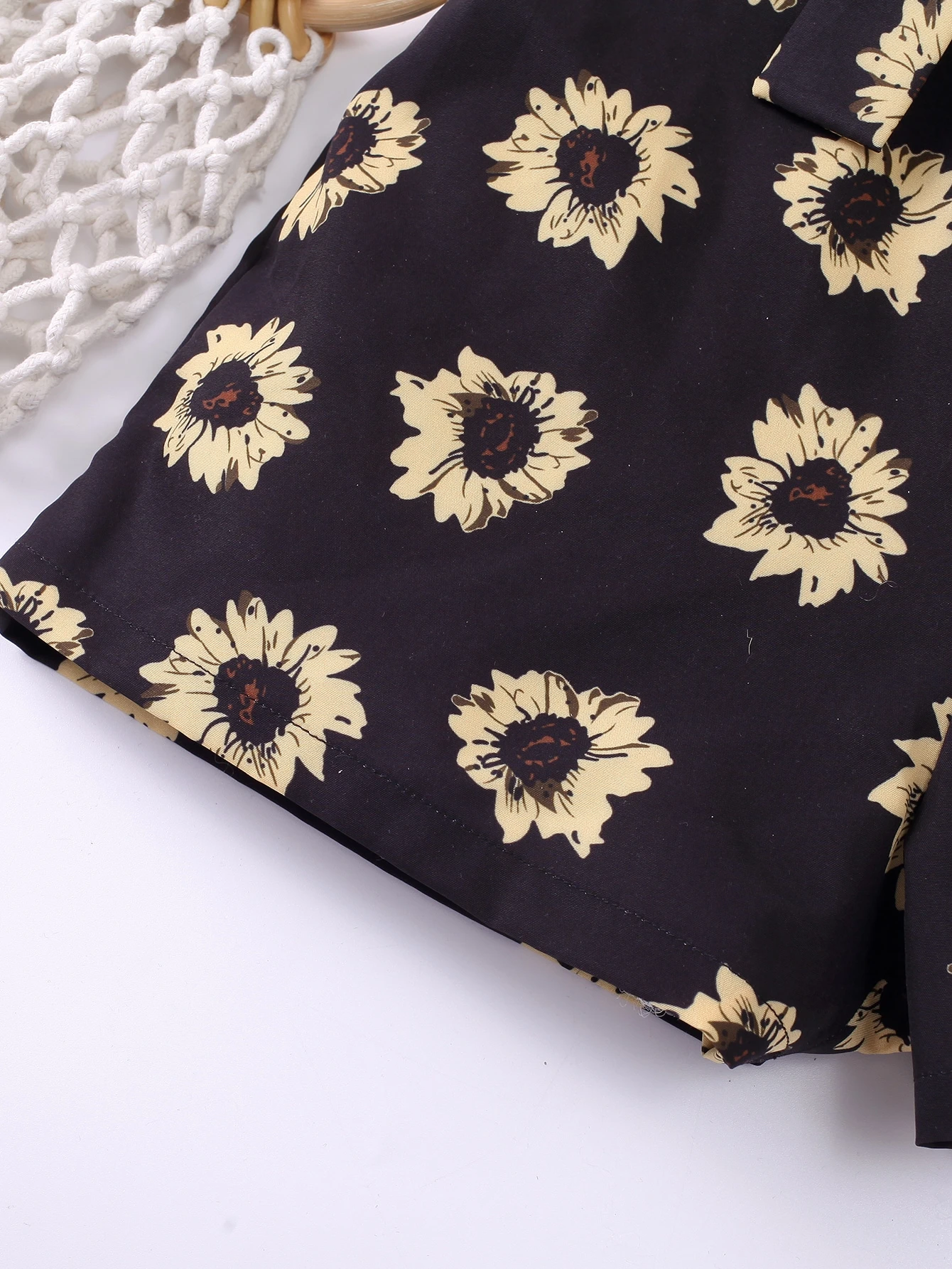 Girls’ Black Sunflower Print Off-Shoulder Romper with Bow Belt