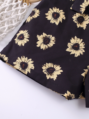 Girls’ Black Sunflower Print Off-Shoulder Romper with Bow Belt