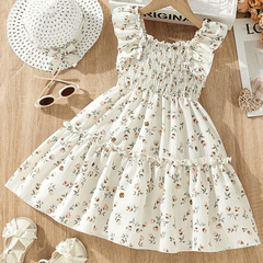 Girls Cream Floral Print Ruffle Sleeve Party Dress