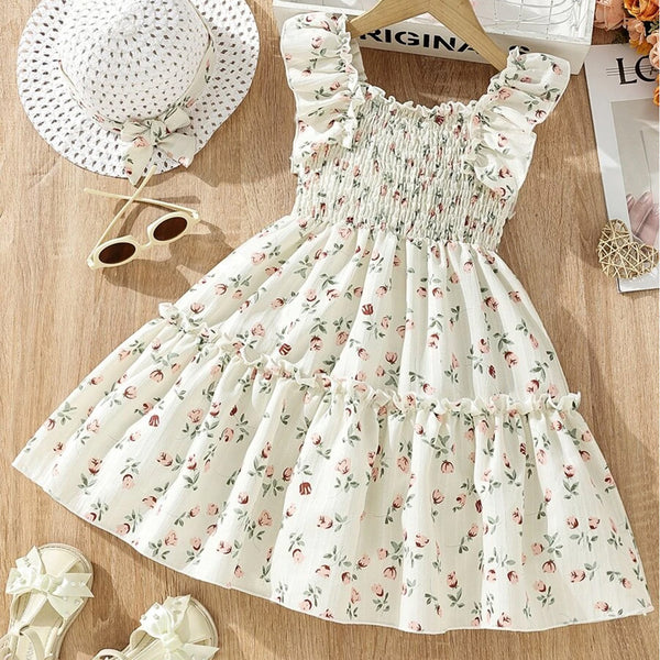 Glamgait White Floral Printed Flared Sleeve Baby Dress