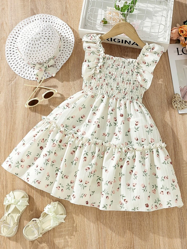 Glamgait White Floral Printed Flared Sleeve Baby Dress