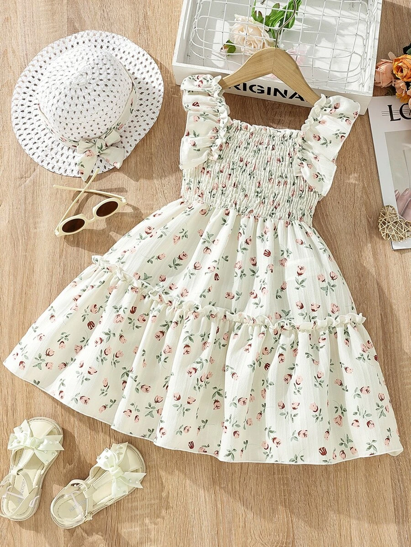 Glamgait White Floral Printed Flared Sleeve Baby Dress