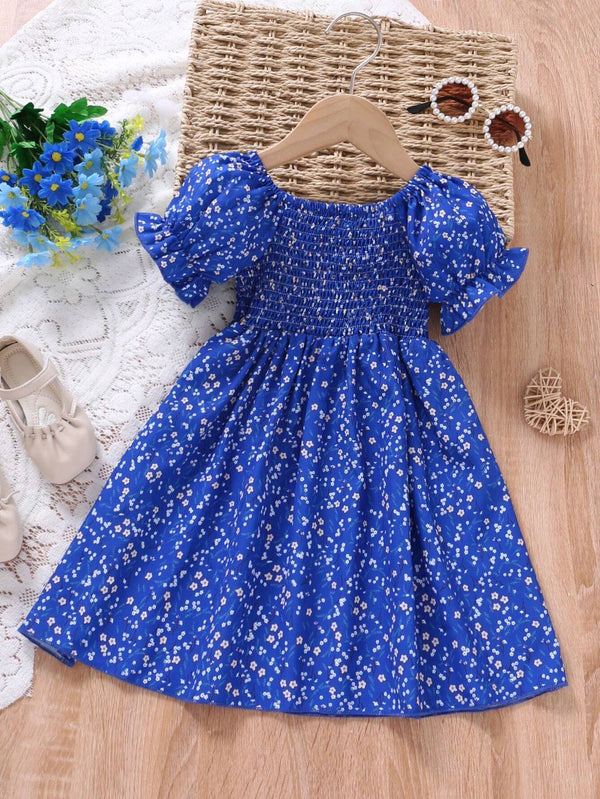 Glamgait Blue Color Floral Printed Short Sleeve Midi Baby Dress