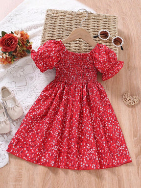 Glamgait Red Color Floral Printed Short Sleeve Midi Girls Dress