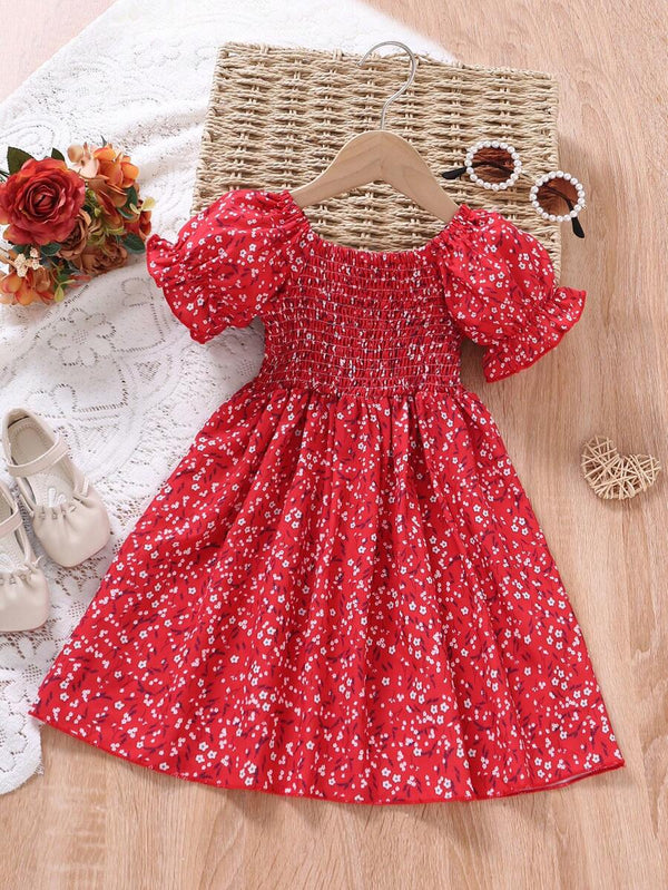 Glamgait Red Color Floral Printed Short Sleeve Midi Girls Dress