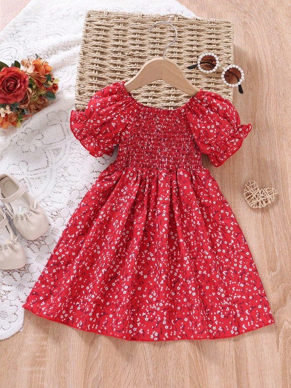 Glamgait Red Color Floral Printed Short Sleeve Midi Girls Dress
