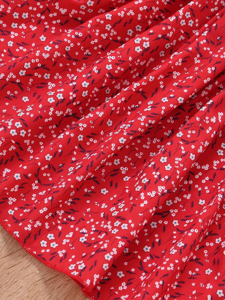 Glamgait Red Color Floral Printed Short Sleeve Midi Girls Dress
