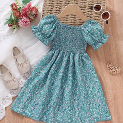 Glamgait Rama Green Flower Printed Short Sleeve Girls Dress