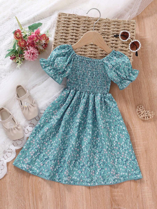 Glamgait Rama Green Flower Printed Short Sleeve Girls Dress