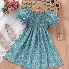 Glamgait Rama Green Flower Printed Short Sleeve Girls Dress