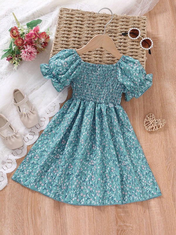 Glamgait Rama Green Flower Printed Short Sleeve Girls Dress
