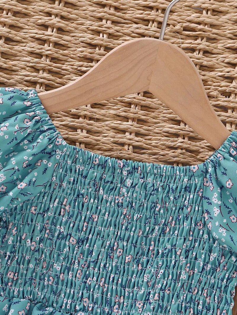 Glamgait Rama Green Flower Printed Short Sleeve Girls Dress