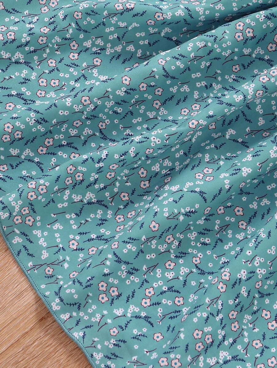 Glamgait Rama Green Flower Printed Short Sleeve Girls Dress