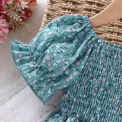 Glamgait Rama Green Flower Printed Short Sleeve Girls Dress