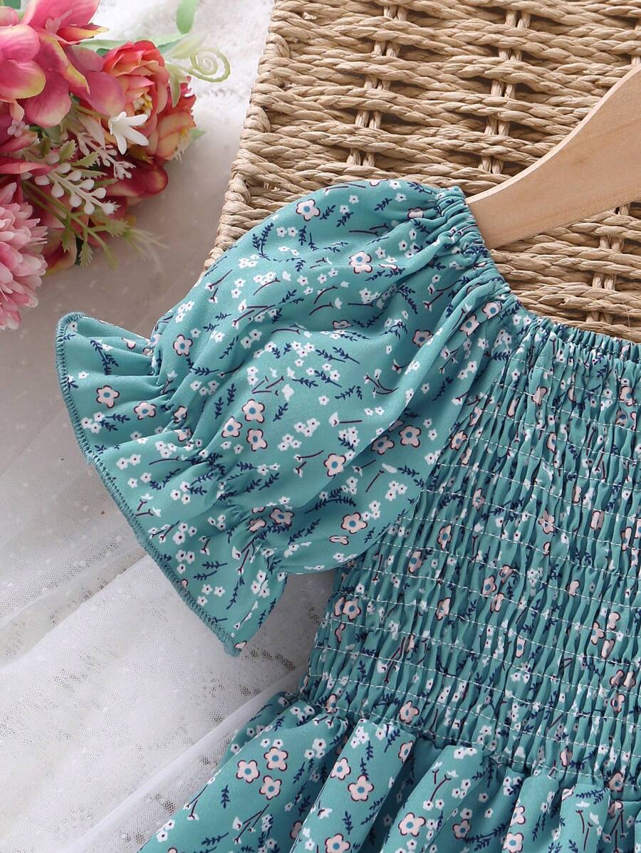 Glamgait Rama Green Flower Printed Short Sleeve Girls Dress