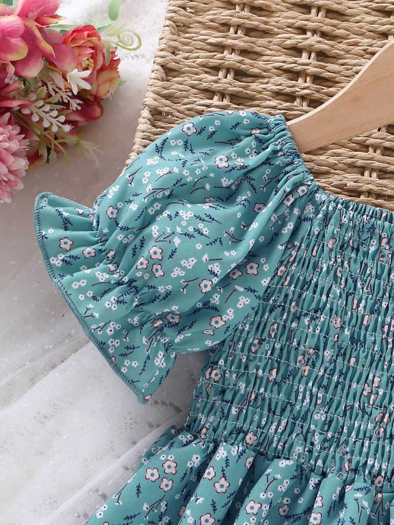 Glamgait Rama Green Flower Printed Short Sleeve Girls Dress