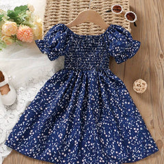 Glamgait Navy Blue Floral Printed Short Sleeve Midi Baby Dress