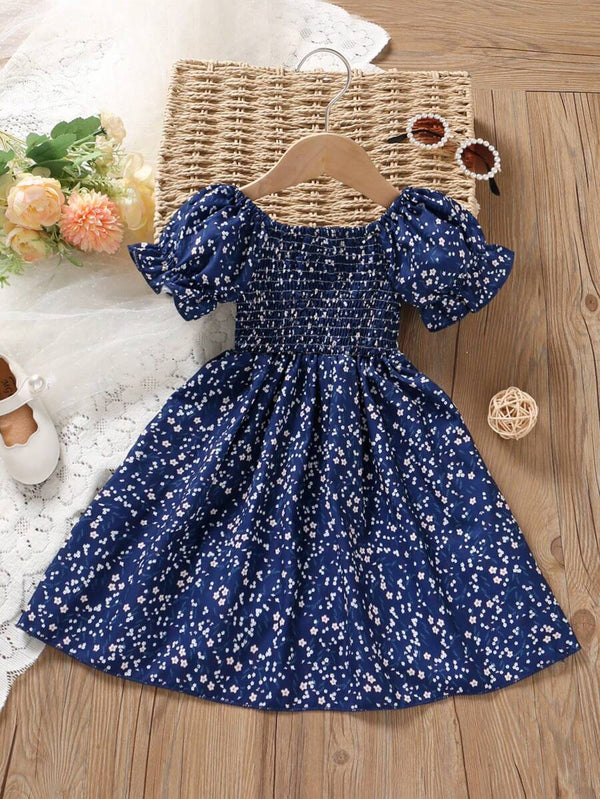 Glamgait Navy Blue Floral Printed Short Sleeve Midi Baby Dress