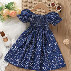 Glamgait Navy Blue Floral Printed Short Sleeve Midi Baby Dress
