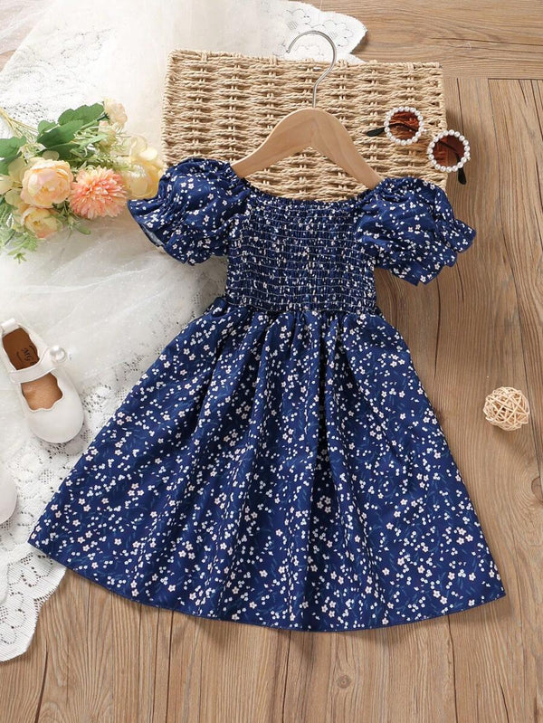 Glamgait Navy Blue Floral Printed Short Sleeve Midi Baby Dress