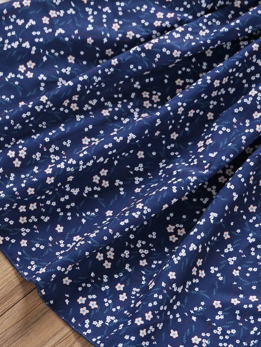 Glamgait Navy Blue Floral Printed Short Sleeve Midi Baby Dress