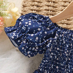 Glamgait Navy Blue Floral Printed Short Sleeve Midi Baby Dress