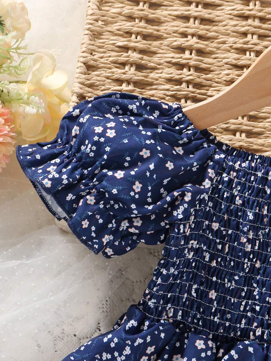 Glamgait Navy Blue Floral Printed Short Sleeve Midi Baby Dress