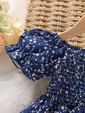 Glamgait Navy Blue Floral Printed Short Sleeve Midi Baby Dress