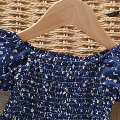 Glamgait Navy Blue Floral Printed Short Sleeve Midi Baby Dress